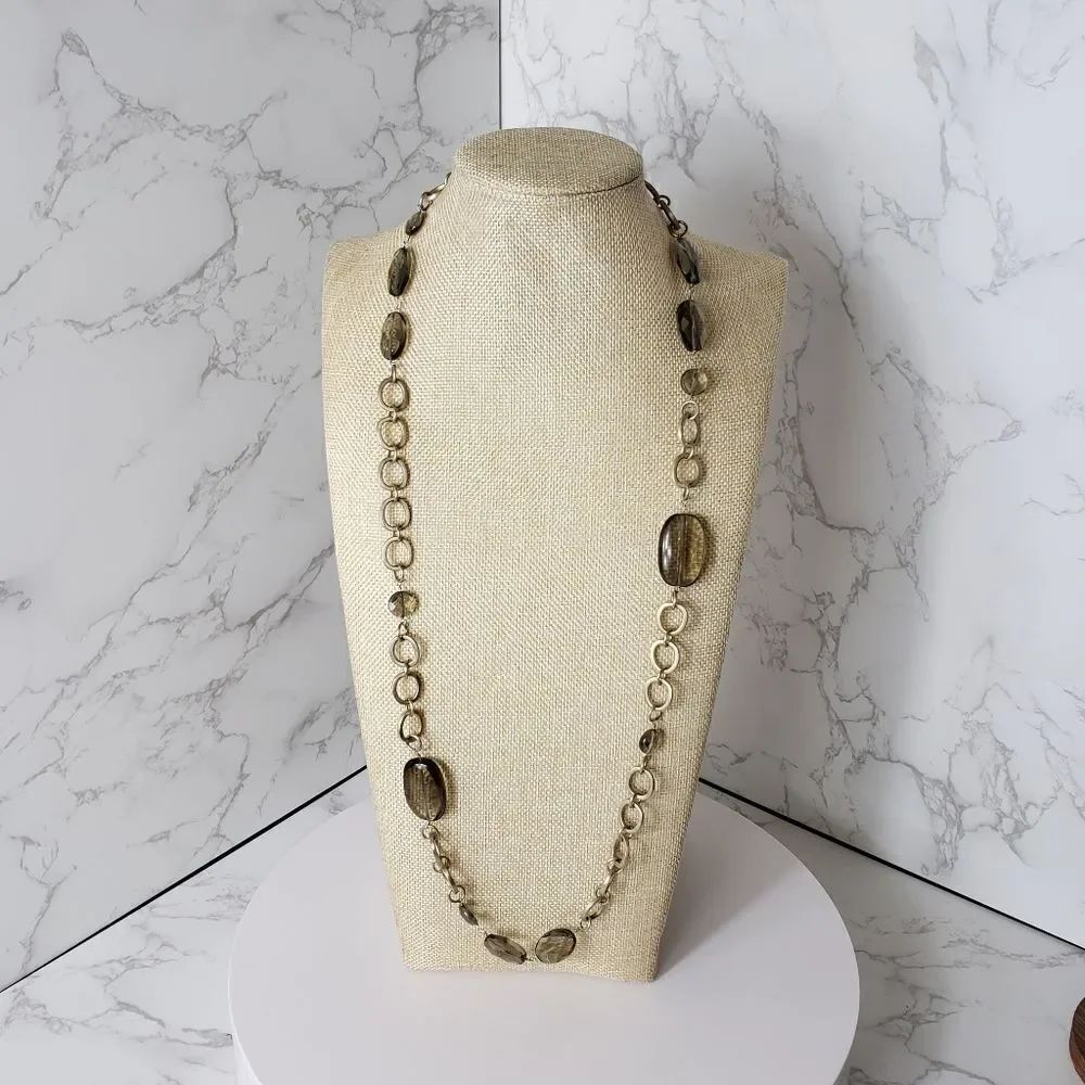 LONG Matte Gold Necklace Smokey Glass Beads
